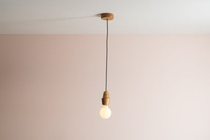 Wooden Element pendant light fixture with linen cable and solid oak ceiling rose. by StudioHaran