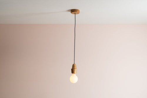 Wooden Element Pendant Light Fixture with Linen Cable and Solid Oak Ceiling Rose by StudioHaran