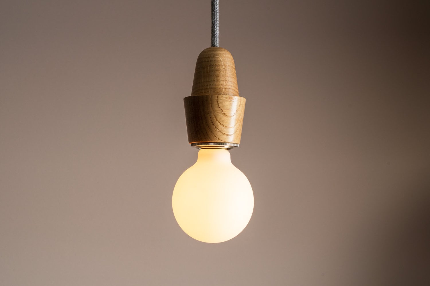Wooden Element Pendant Light Fixture with Linen Cable and Solid Oak Ceiling Rose