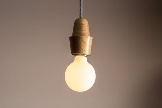 Wooden Element Pendant Light Fixture with Linen Cable and Solid Oak Ceiling Rose by StudioHaran