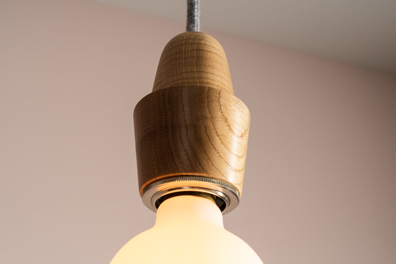 Wooden Element Pendant Light Fixture with Linen Cable and Solid Oak Ceiling Rose by StudioHaran