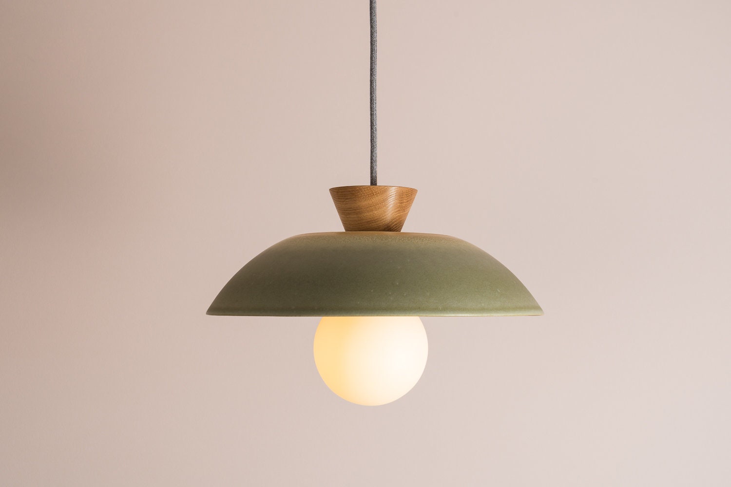 Green Dawn Pendant Light in Ceramic and Oak by StudioHaran