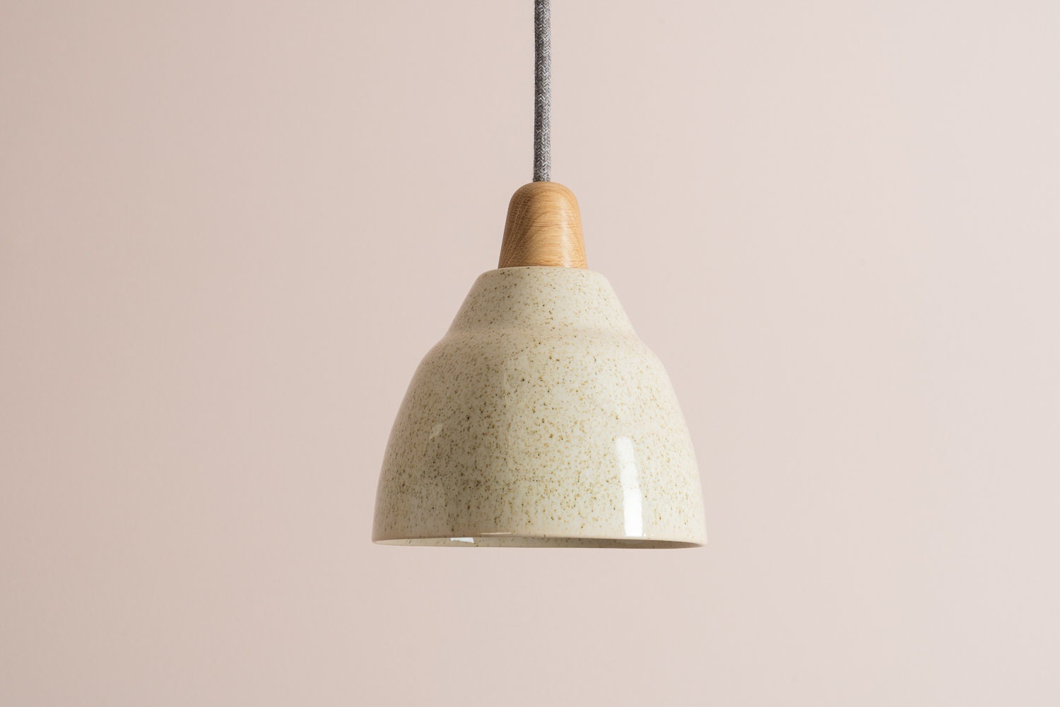 Small Speckled Cream Gloss Element Pendant Light in Ceramic and Oak