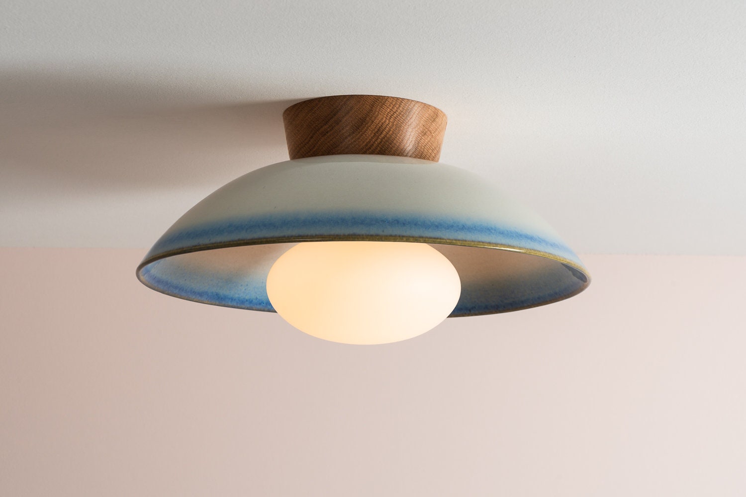 Blue and White Dawn Flush Mount Ceiling Light in Ceramic and Oak