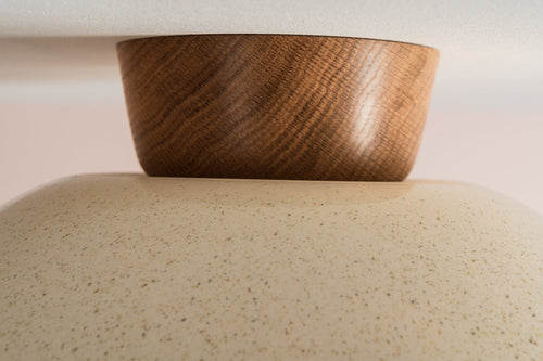 Speckled Cream Gloss Dawn Flush Mount Ceiling Light in Ceramic and Oak by StudioHaran