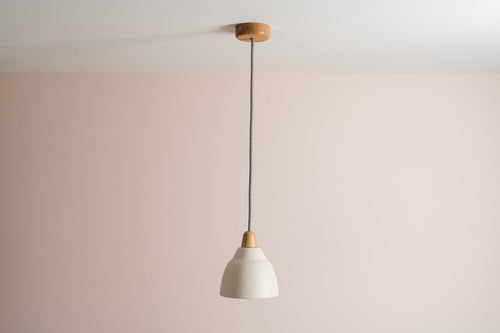 Small White Element Pendant Light in Ceramic and Oak by StudioHaran