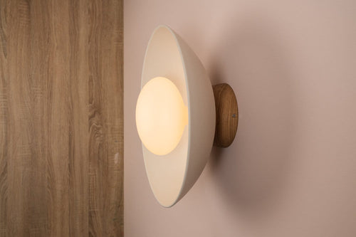 White Dawn Wall Light Sconce in Ceramic and Oak by StudioHaran