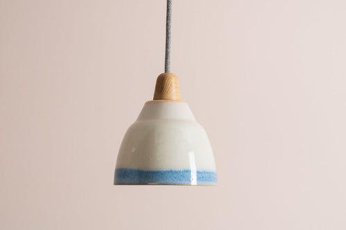 Small Blue and White Element Pendant Light in Ceramic and Oak by StudioHaran