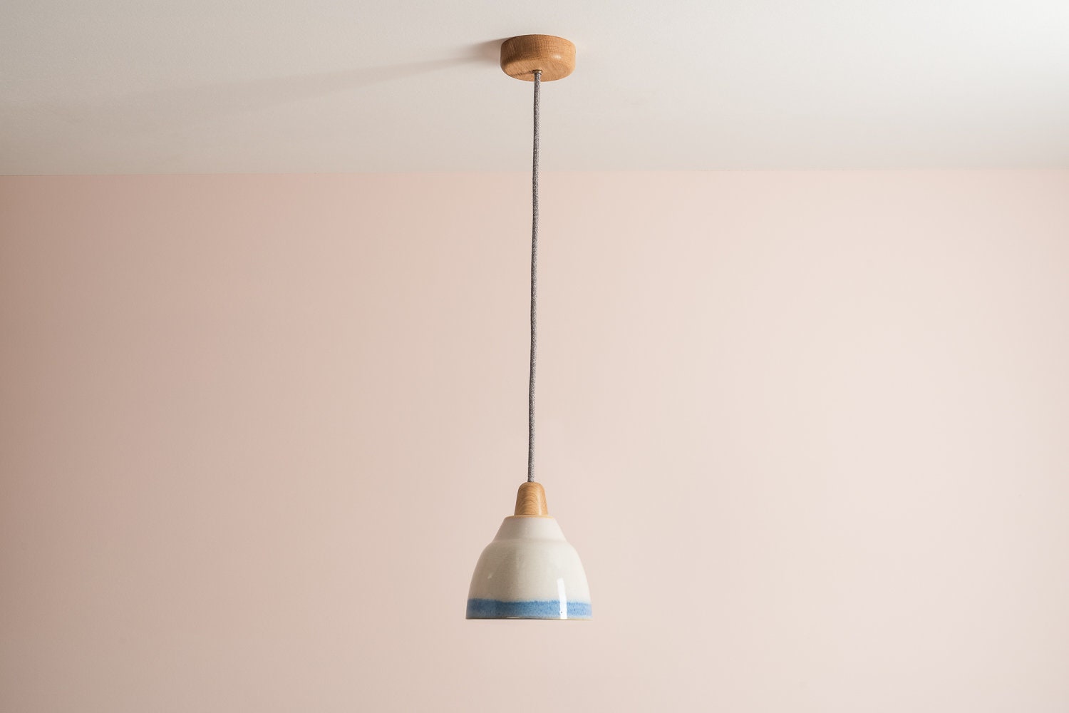 Small Blue and White Element Pendant Light in Ceramic and Oak