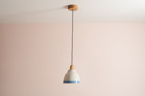 Small Blue and White Element Pendant Light in Ceramic and Oak by StudioHaran