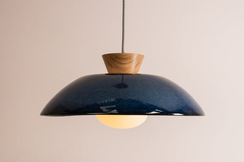 Blue XL Dawn Pendant Light in Ceramic and Oak by StudioHaran