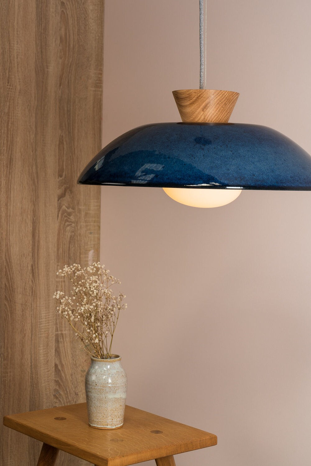 Blue XL Dawn Pendant Light in Ceramic and Oak by StudioHaran