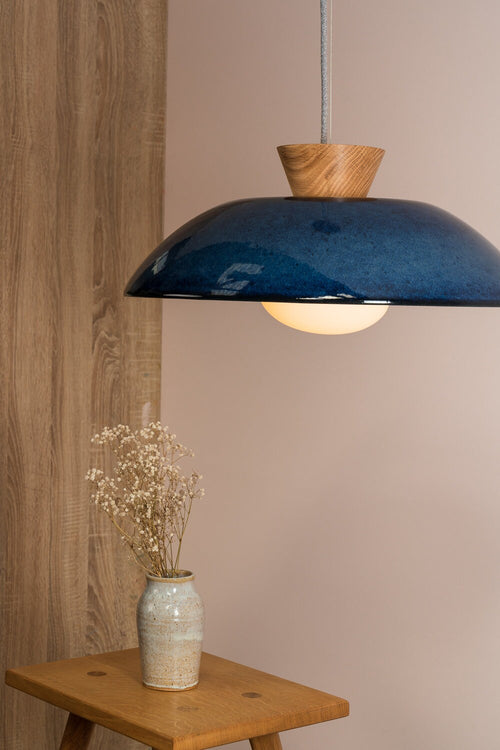 Blue XL Dawn Pendant Light in Ceramic and Oak by StudioHaran
