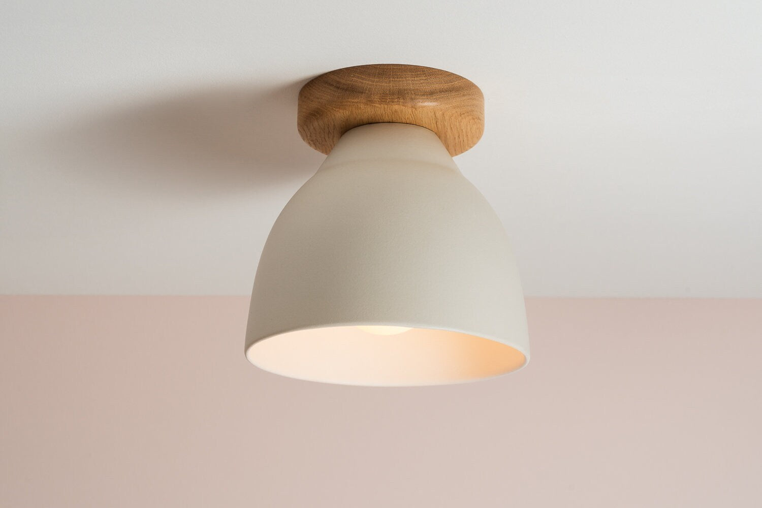 White Element Flush Mount Ceiling Light in Ceramic and Oak