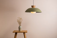 Green XL Dawn Pendant Light in Ceramic and Oak