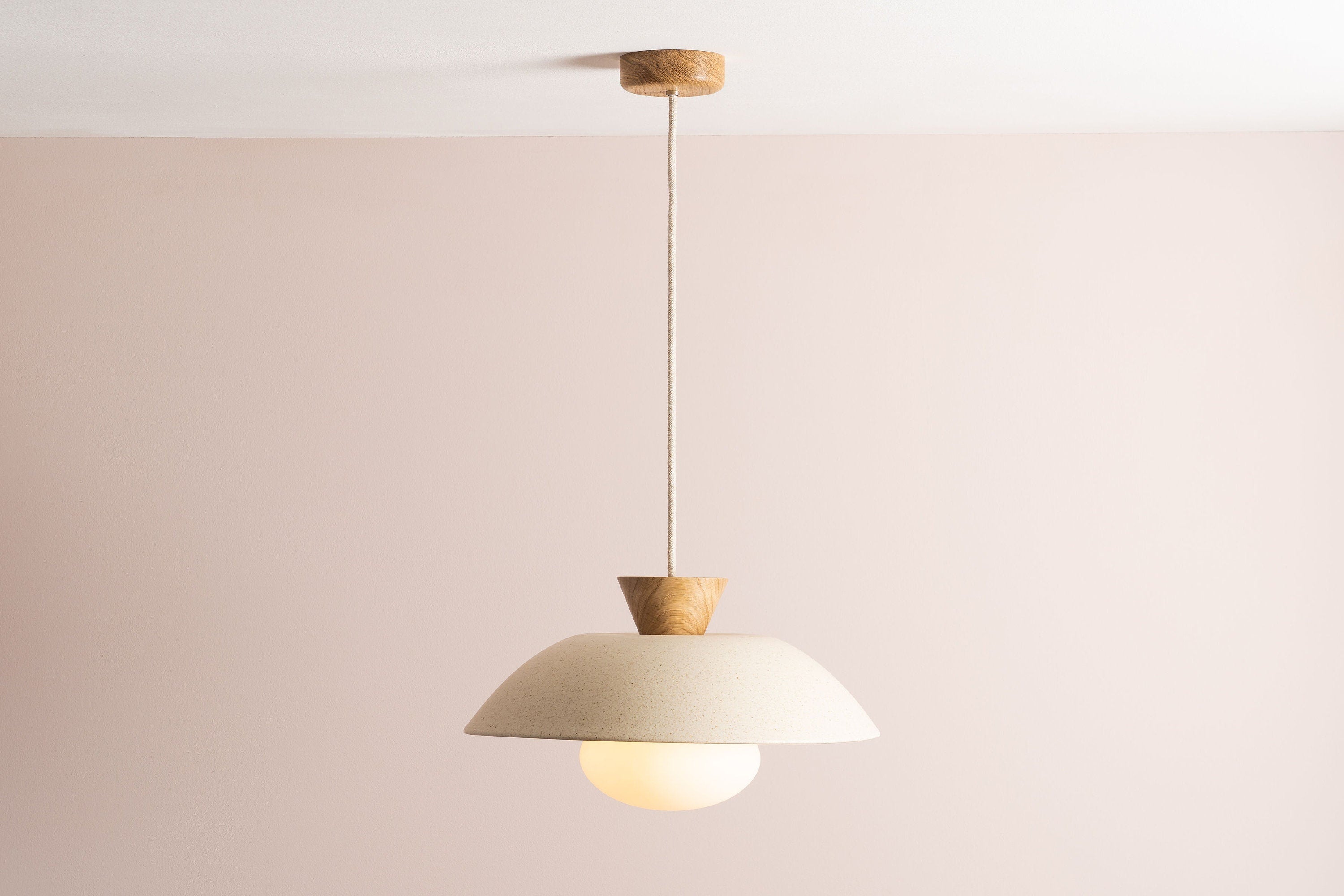 Speckled Cream Matt Dawn Pendant Light in Ceramic and Oak by StudioHaran