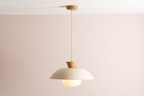 Speckled Cream Matt Dawn Pendant Light in Ceramic and Oak by StudioHaran