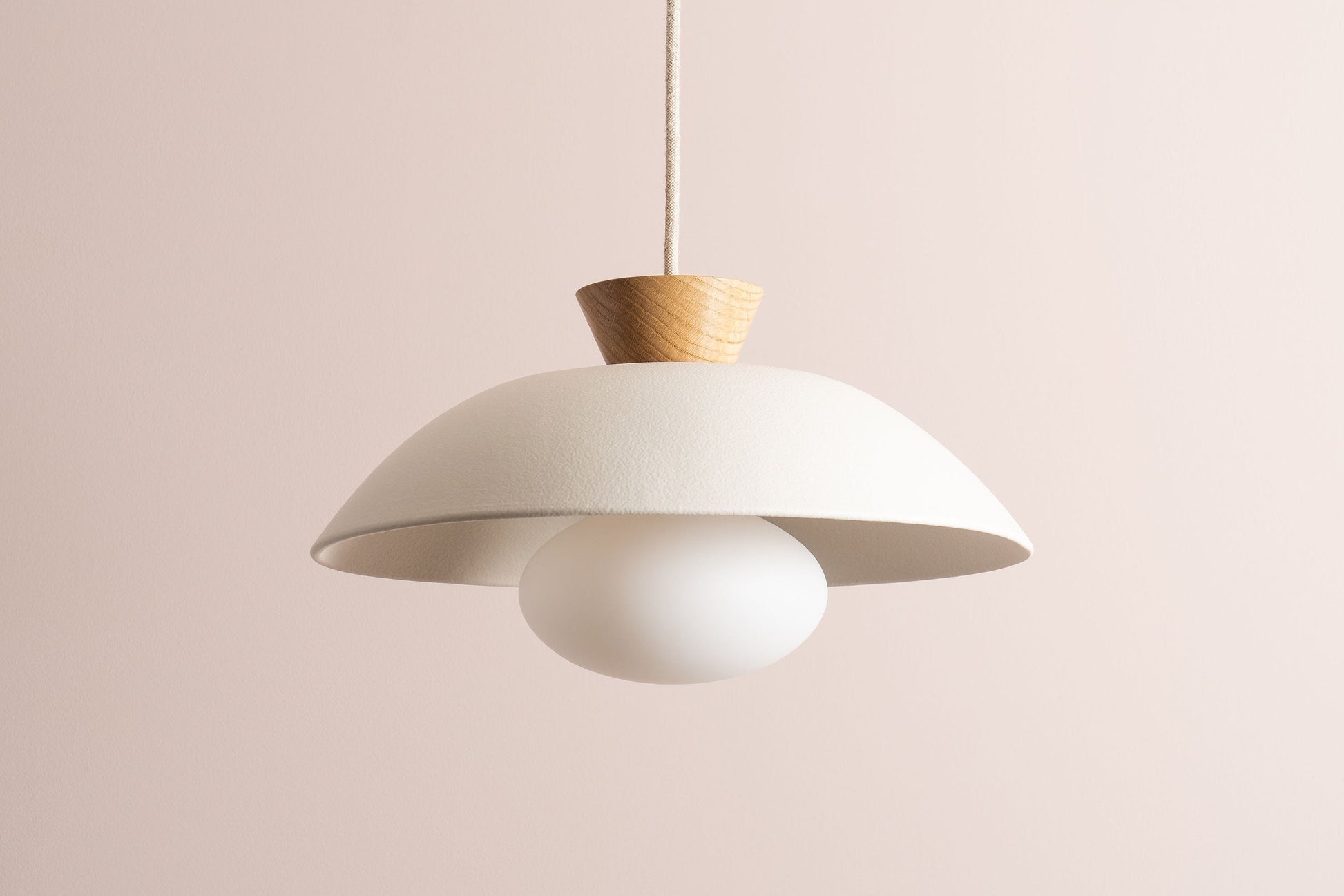 White Dawn Pendant Light in Ceramic and Oak by StudioHaran