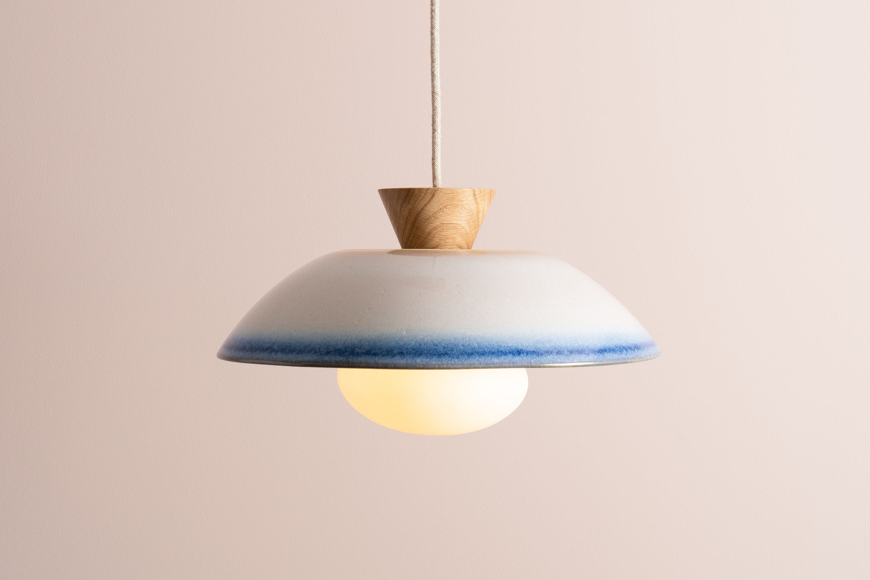 Blue & White Dawn Pendant Light in Ceramic and Oak