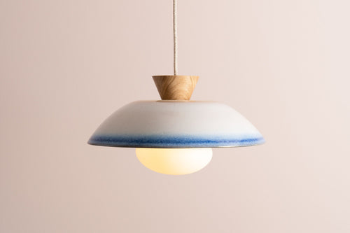 Blue & White Dawn Pendant Light in Ceramic and Oak by StudioHaran