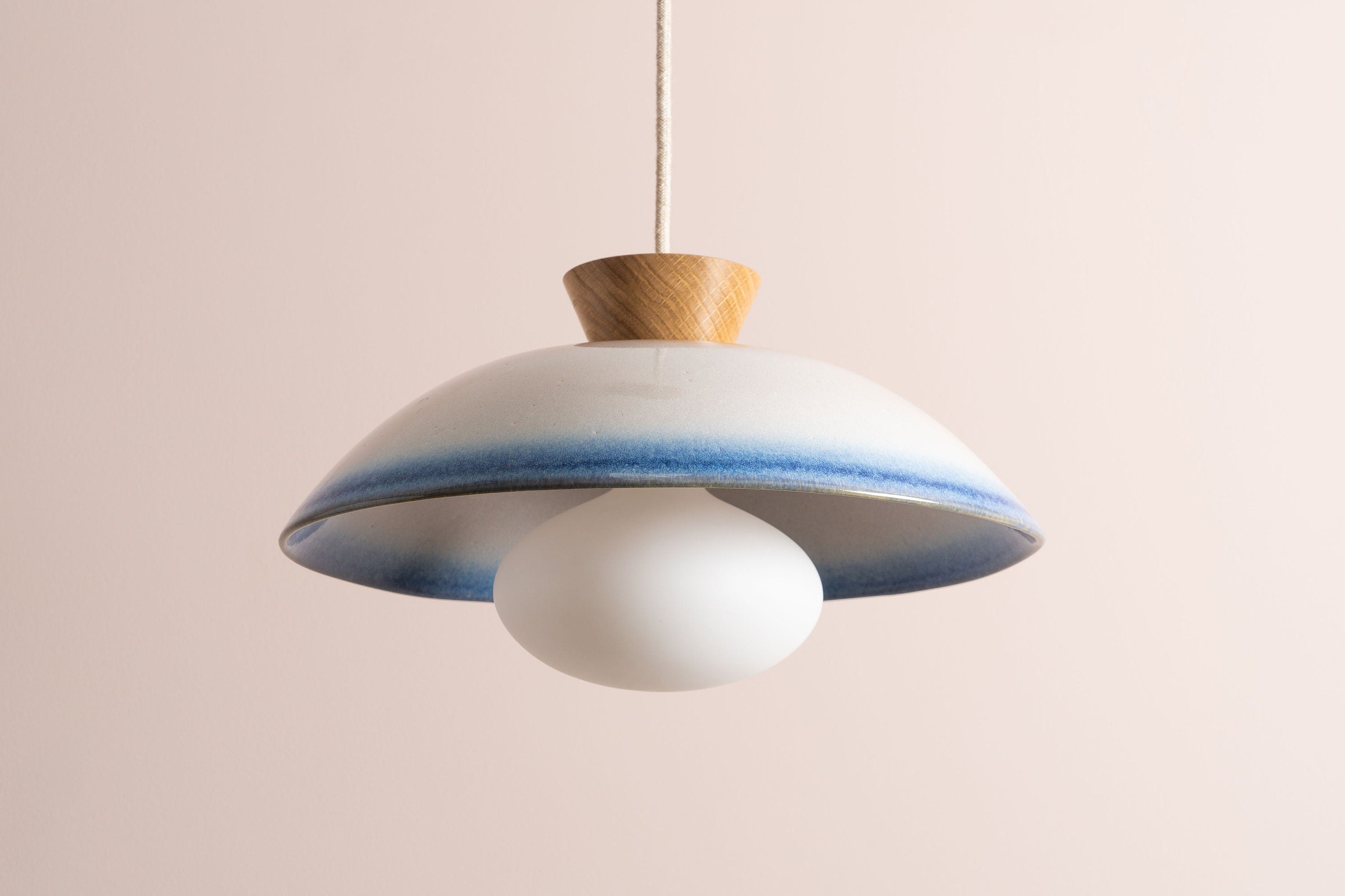 Blue & White Dawn Pendant Light in Ceramic and Oak by StudioHaran