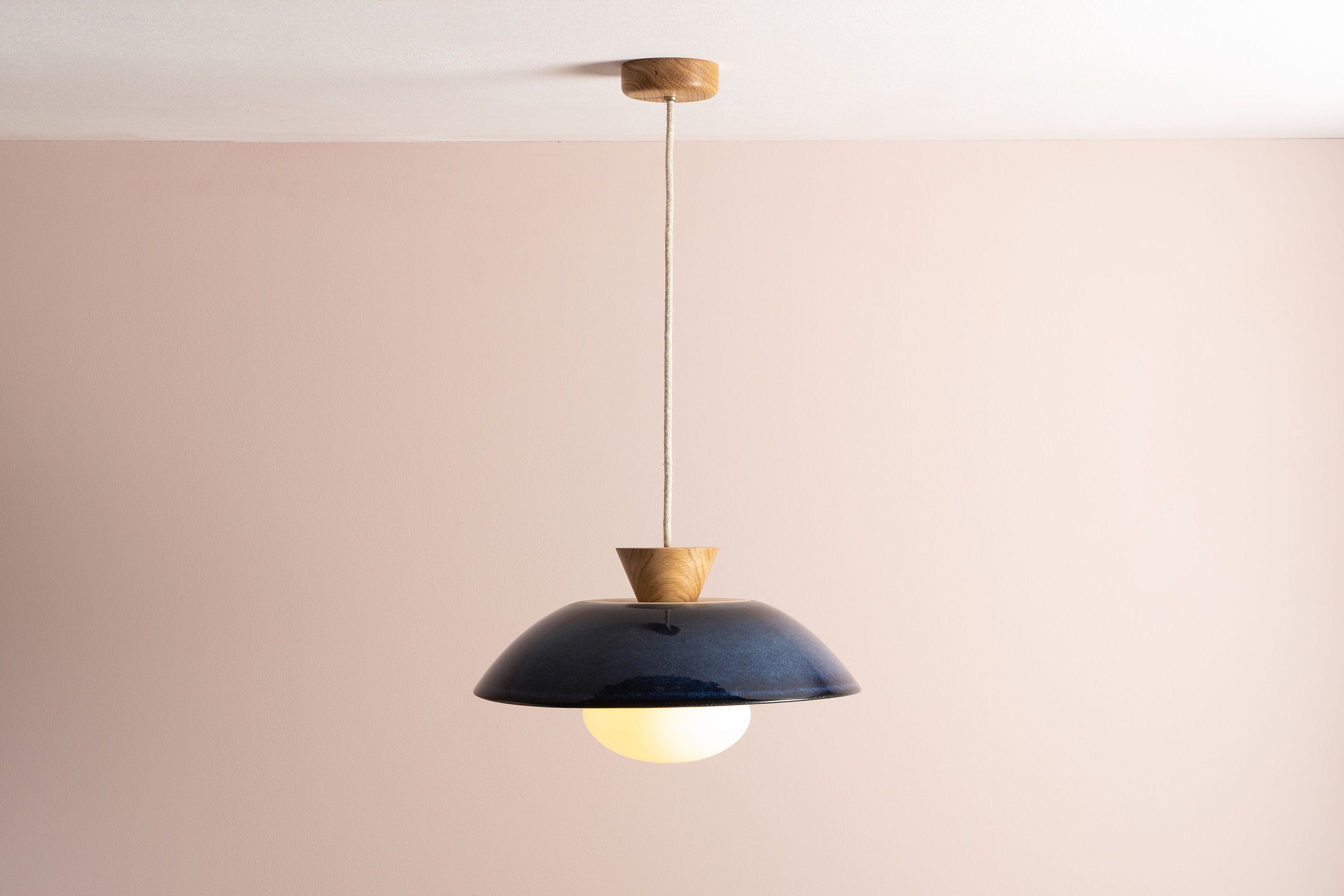 Blue Dawn Pendant Light in Ceramic and Oak