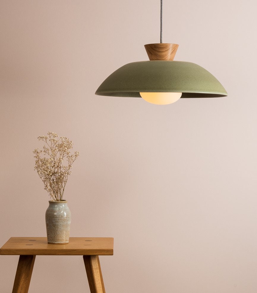 Green XL Dawn Pendant Light in Ceramic and Oak by StudioHaran
