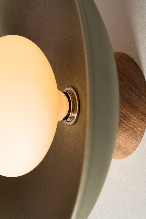 Green Dawn Wall Light Sconce in Ceramic and Oak by StudioHaran