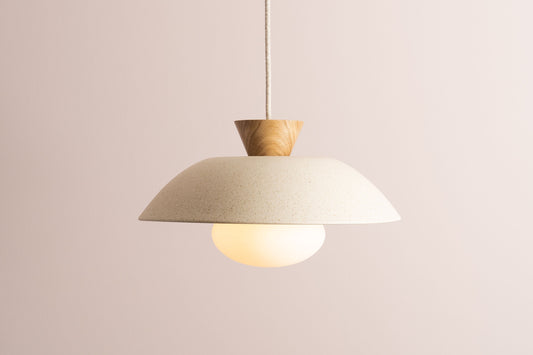 Speckled Cream Matt Dawn Pendant Light in Ceramic and Oak by StudioHaran