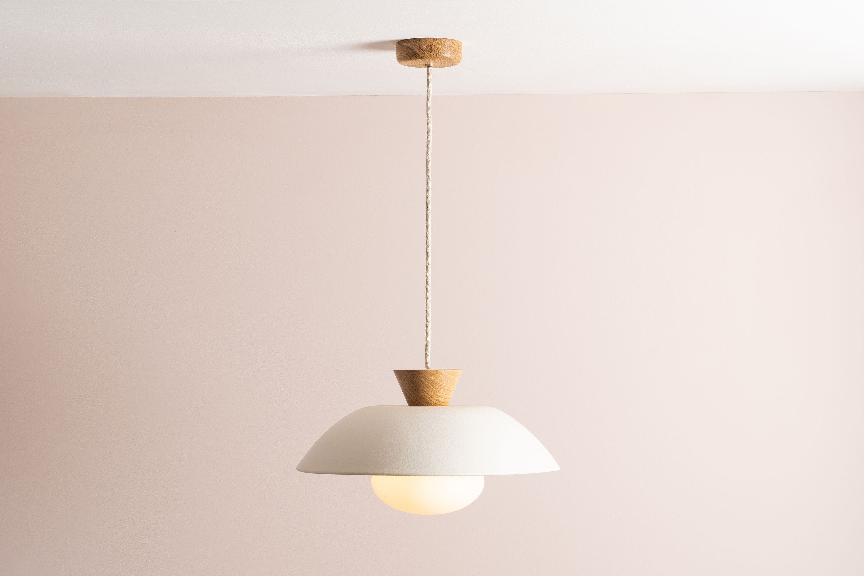 White Dawn Pendant Light in Ceramic and Oak by StudioHaran