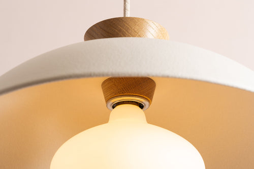 White Dawn Pendant Light in Ceramic and Oak by StudioHaran