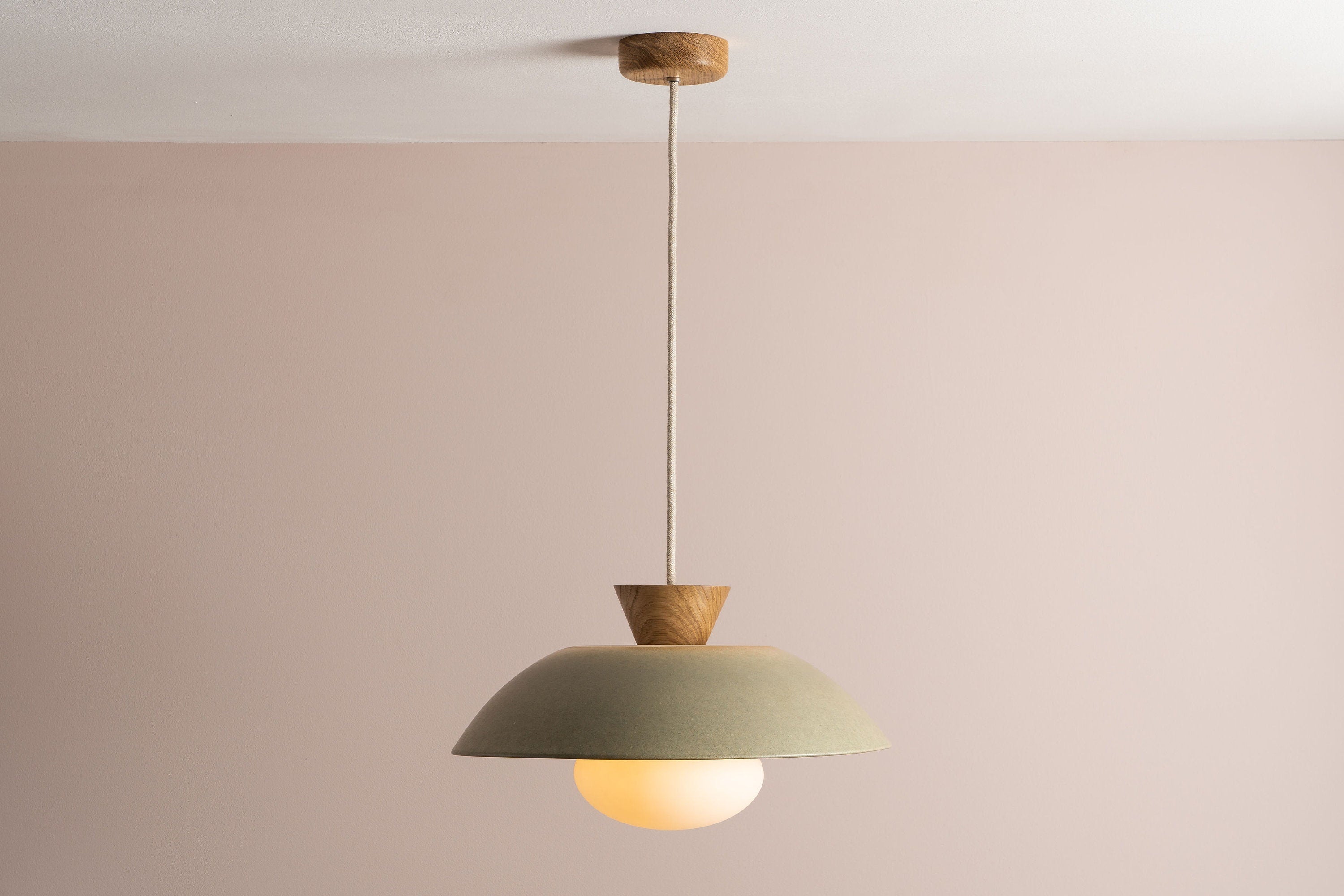 Green Dawn Pendant Light in Ceramic and Oak