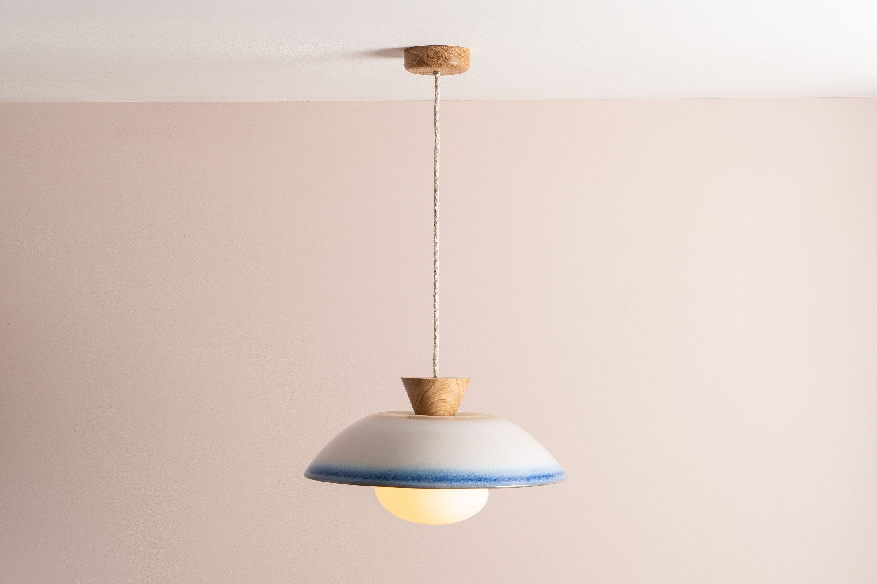 Blue & White Dawn Pendant Light in Ceramic and Oak