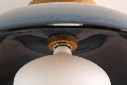 Blue XL Dawn Flush Mount Ceiling Light in Ceramic and Oak by StudioHaran