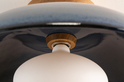 Blue XL Dawn Flush Mount Ceiling Light in Ceramic and Oak by StudioHaran