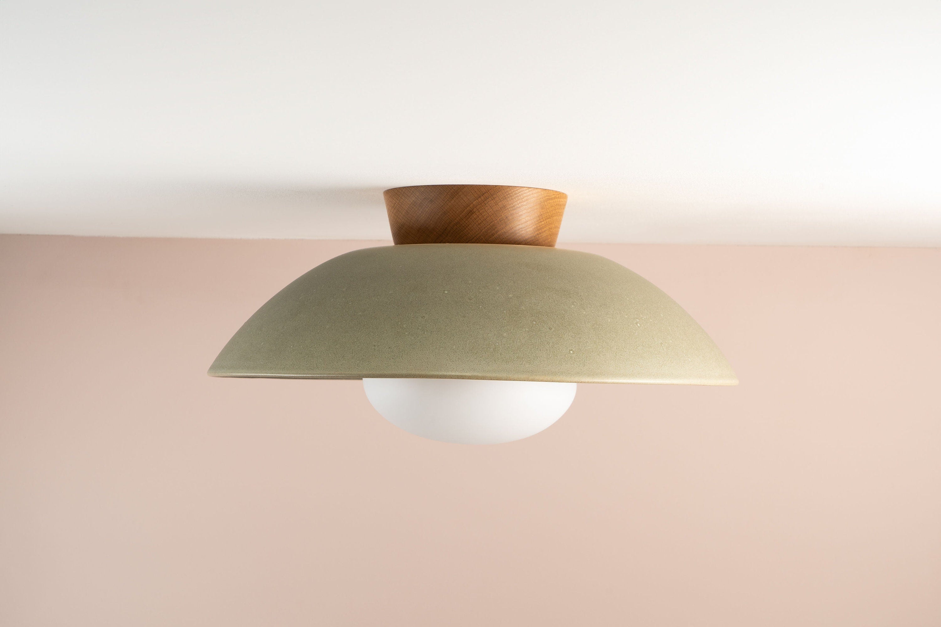 Green XL Dawn Flush Mount Ceiling Light in Ceramic and Oak by StudioHaran