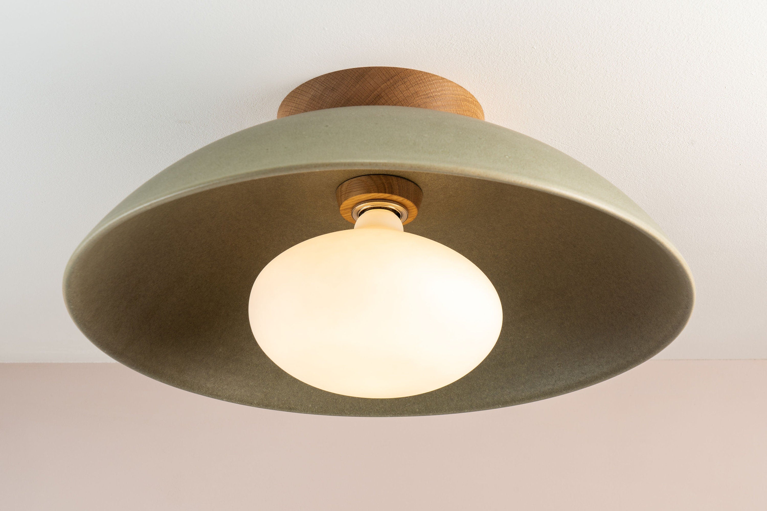 Green XL Dawn Flush Mount Ceiling Light in Ceramic and Oak by StudioHaran