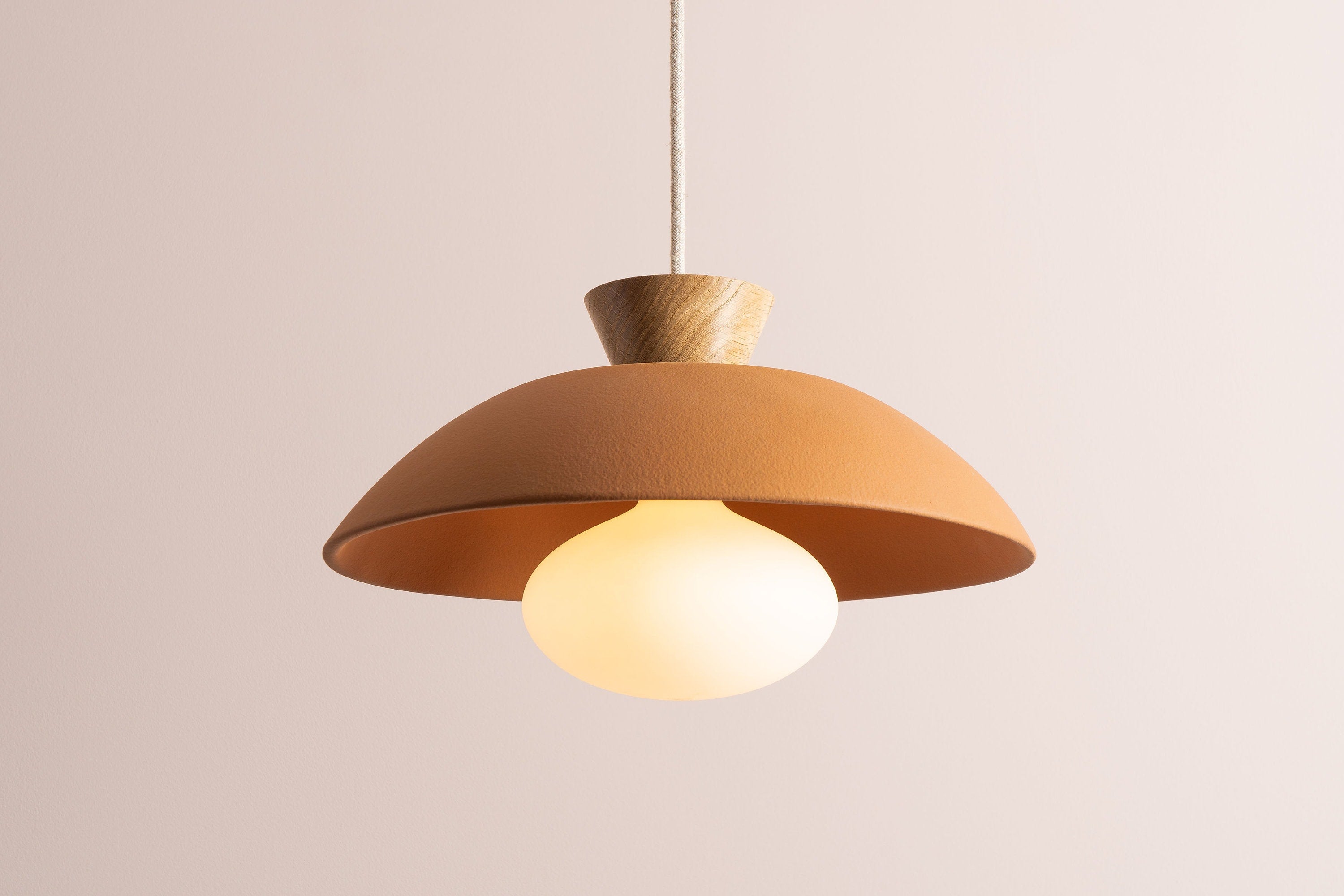 Terracotta Dawn Pendant Light in Ceramic and Oak by StudioHaran