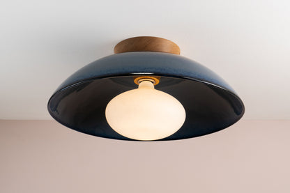 Blue XL Dawn Flush Mount Ceiling Light in Ceramic and Oak by StudioHaran