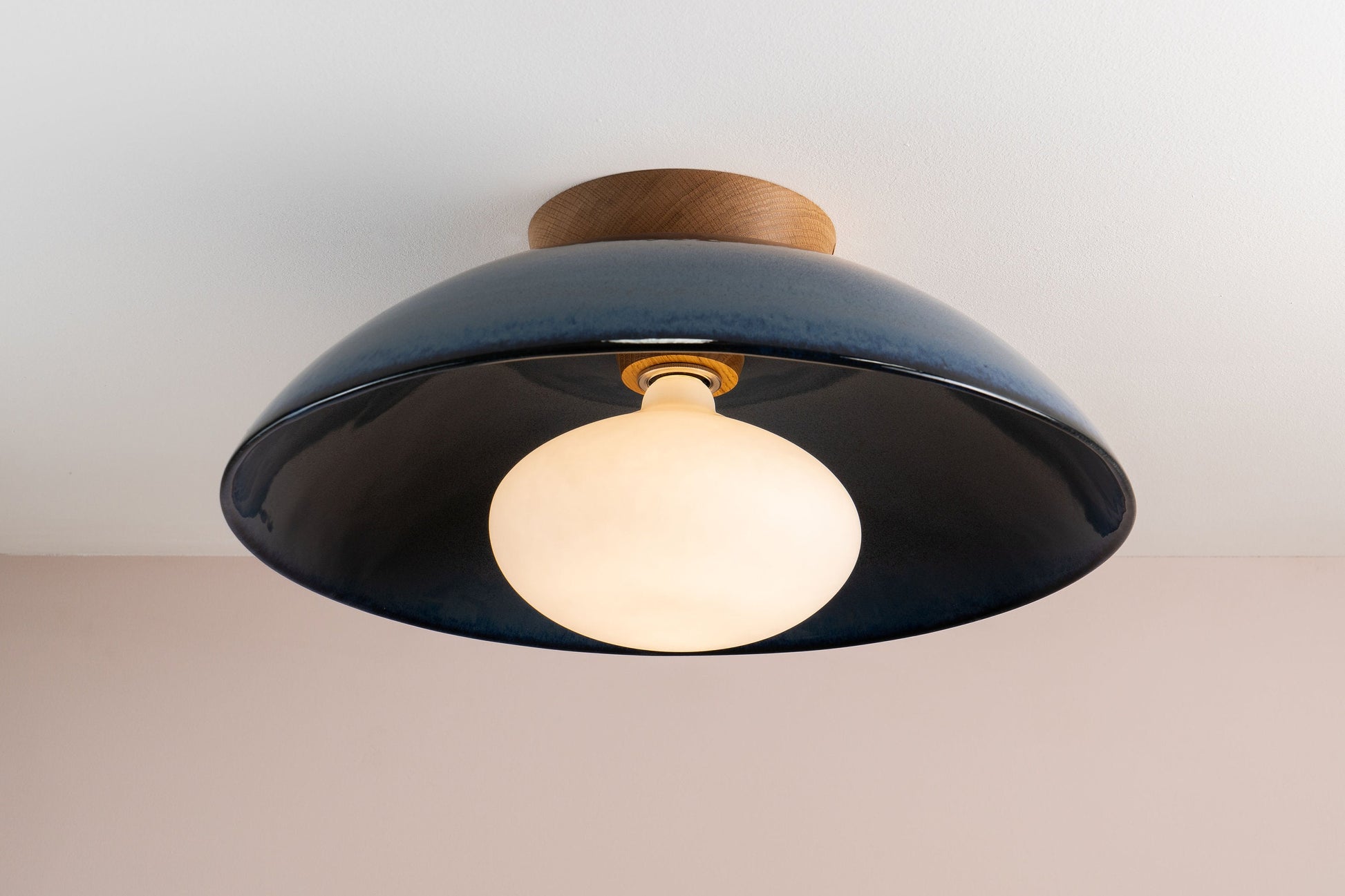 Blue XL Dawn Flush Mount Ceiling Light in Ceramic and Oak by StudioHaran