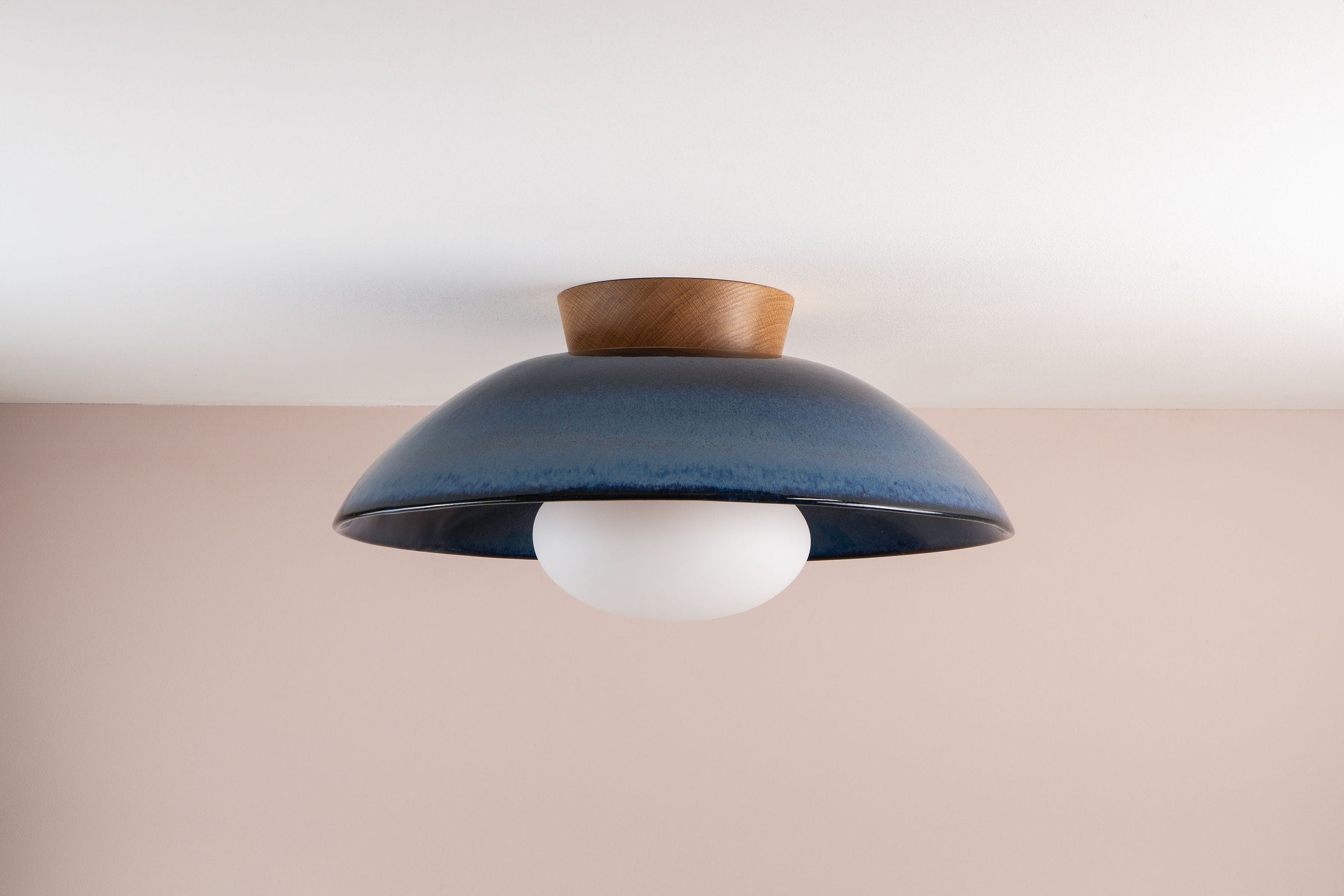 Blue XL Dawn Flush Mount Ceiling Light in Ceramic and Oak by StudioHaran