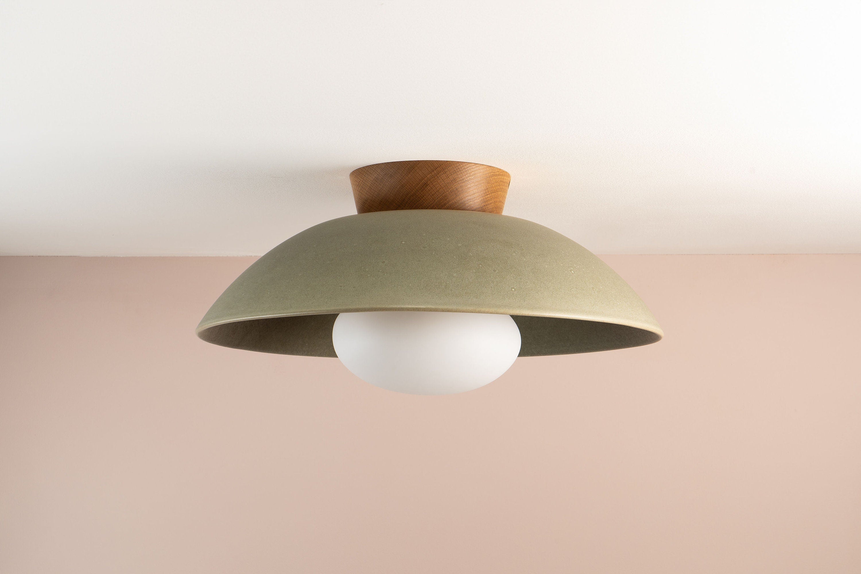 Green XL Dawn Flush Mount Ceiling Light in Ceramic and Oak
