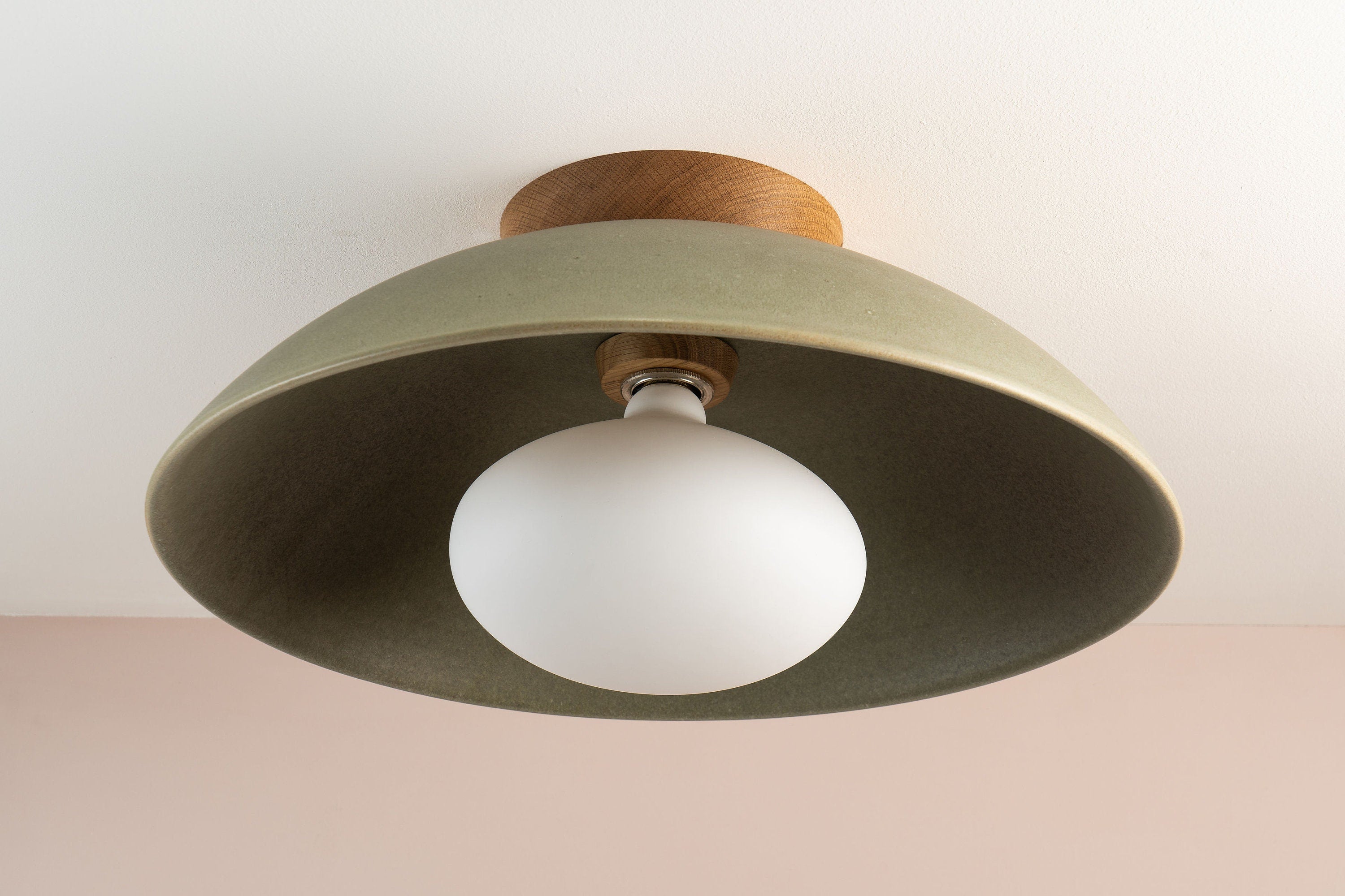 Green XL Dawn Flush Mount Ceiling Light in Ceramic and Oak by StudioHaran