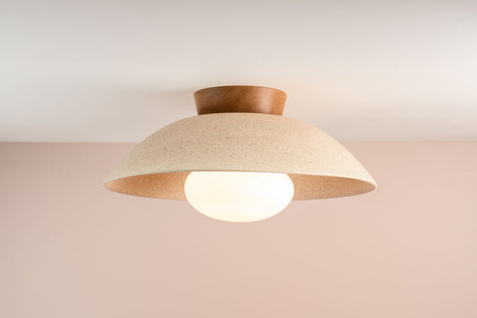 Speckled Cream Matt XL Dawn Flush Mount Ceiling Light in Ceramic and Oak by StudioHaran