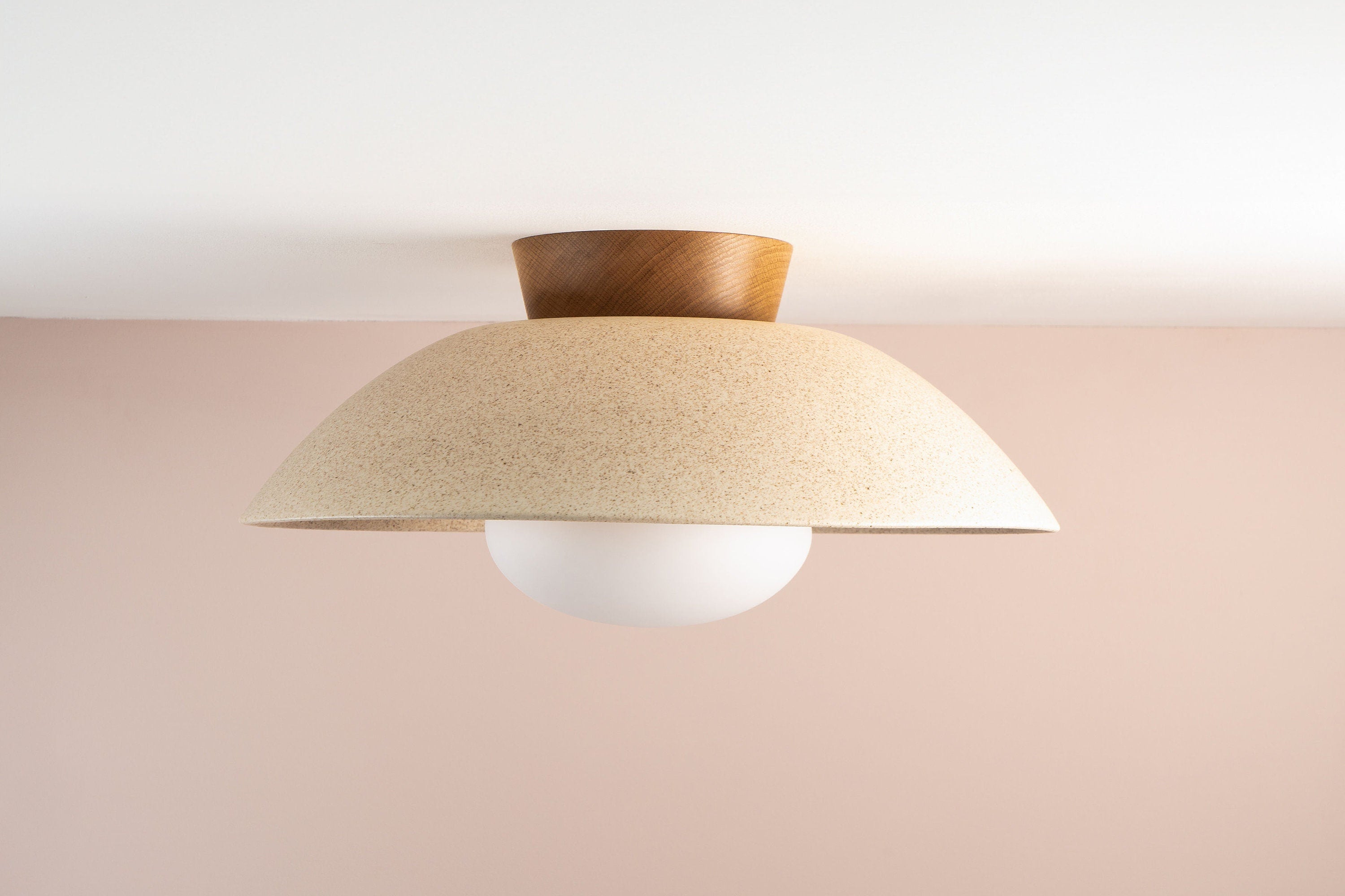 Speckled Cream Matt XL Dawn Flush Mount Ceiling Light in Ceramic and Oak by StudioHaran
