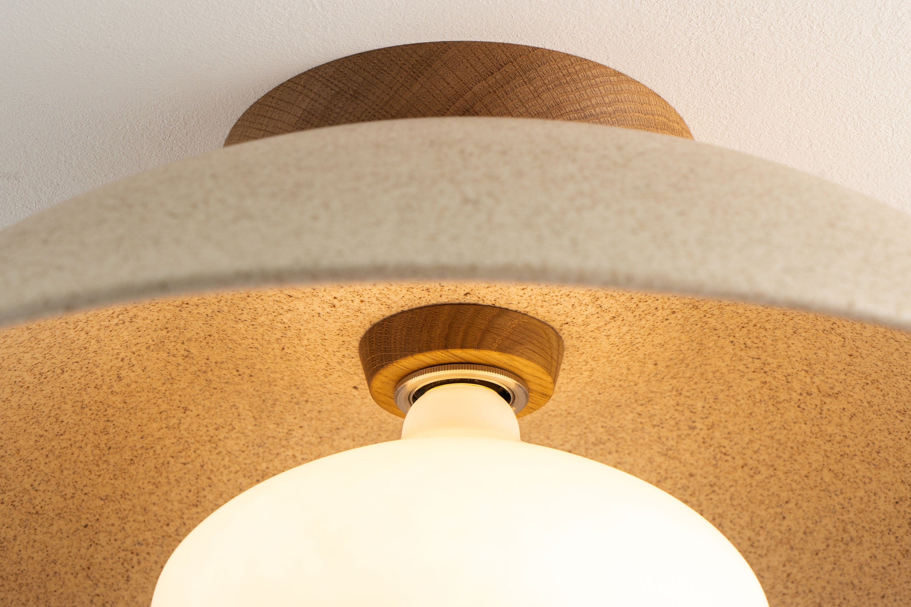 Speckled Cream Matt XL Dawn Flush Mount Ceiling Light in Ceramic and Oak by StudioHaran