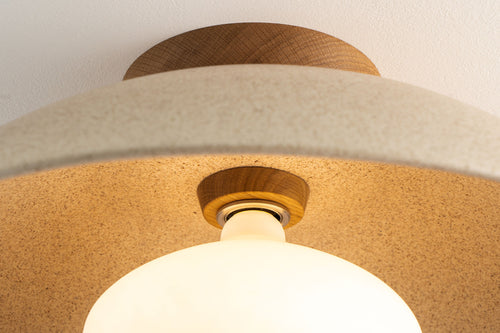 Speckled Cream Matt XL Dawn Flush Mount Ceiling Light in Ceramic and Oak by StudioHaran