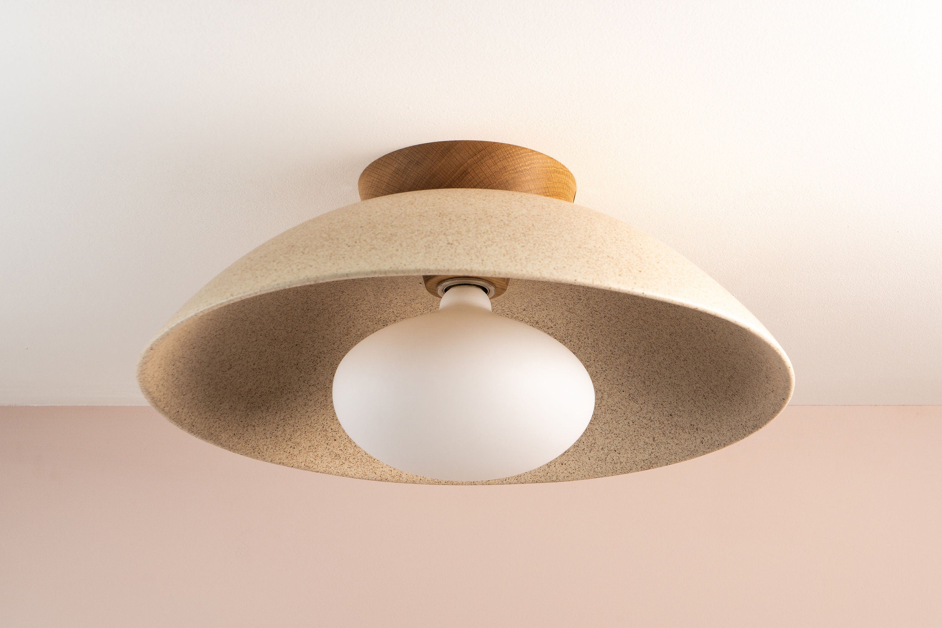 Speckled Cream Matt XL Dawn Flush Mount Ceiling Light in Ceramic and Oak by StudioHaran