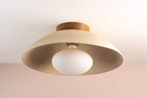 Speckled Cream Matt XL Dawn Flush Mount Ceiling Light in Ceramic and Oak by StudioHaran