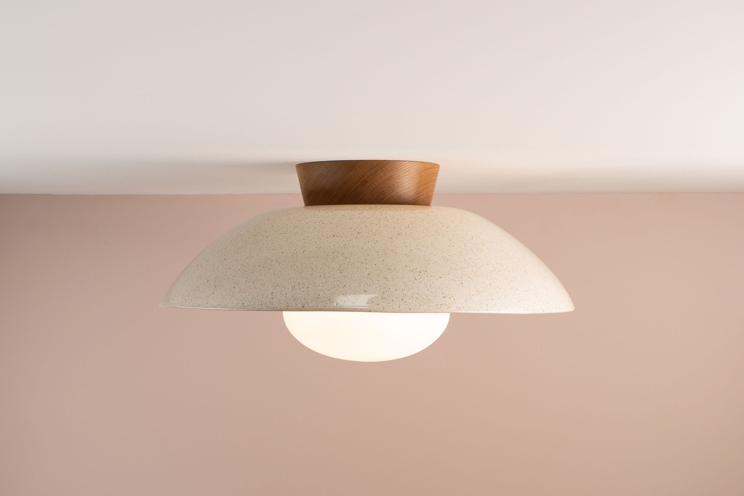 Speckled Cream Gloss XL Dawn Flush Mount Ceiling Light in Ceramic and Oak